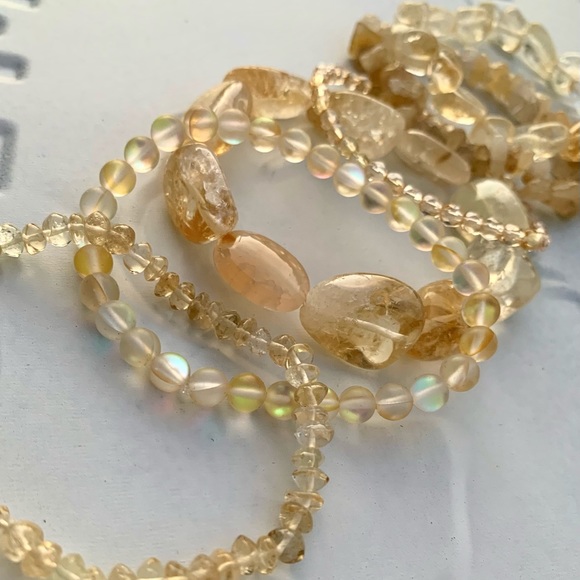 Natural Yellow Citrine & Matte Quartz Gemstone Mixed Bead Bracelet Stack - Picture 4 of 6